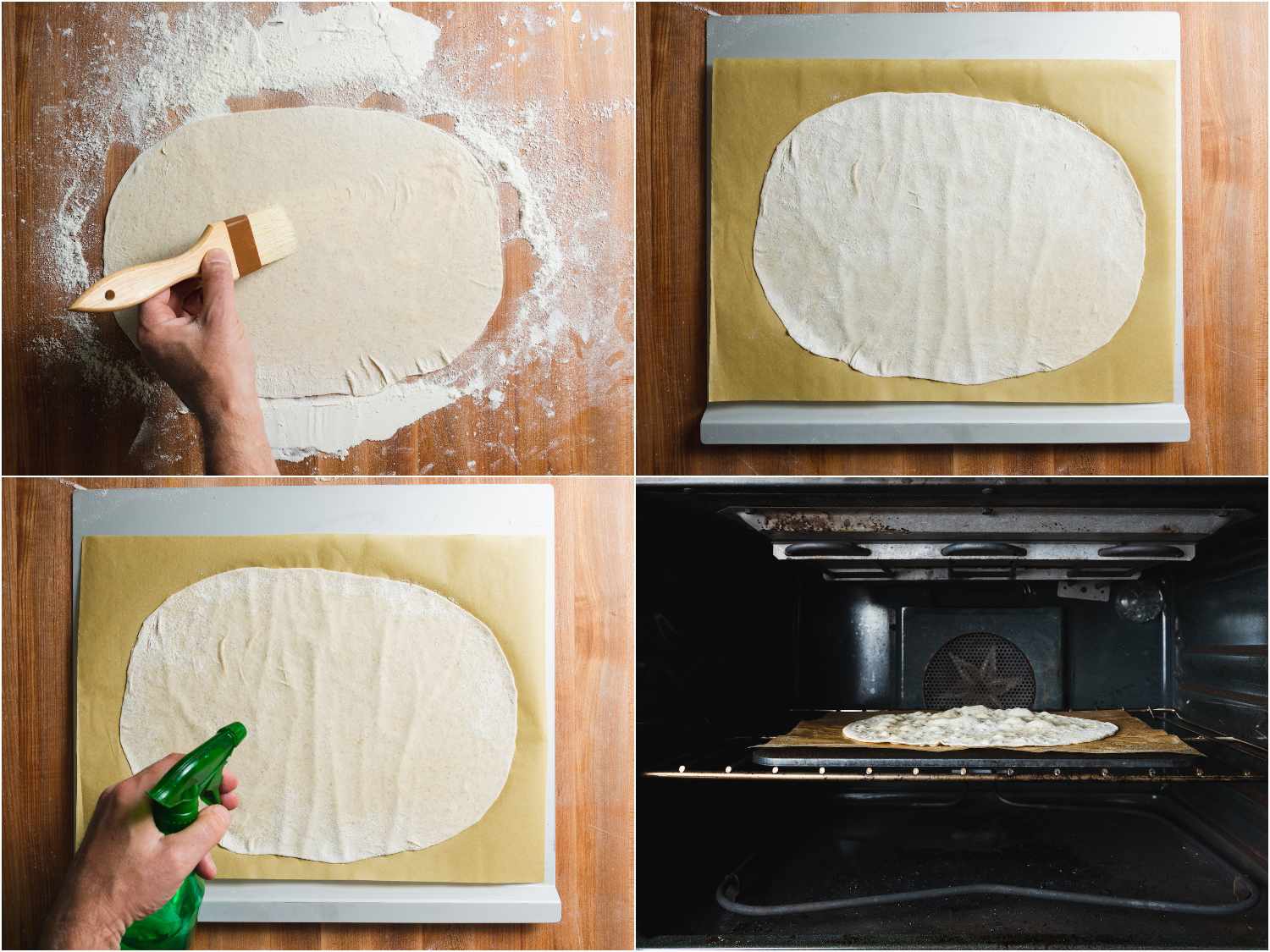 A collage of four photos: Brushing excess flour from rolled out portion of lavash dough, transferring to parchment on a rimless cookie sheet, misting with water, and transferring to oven.