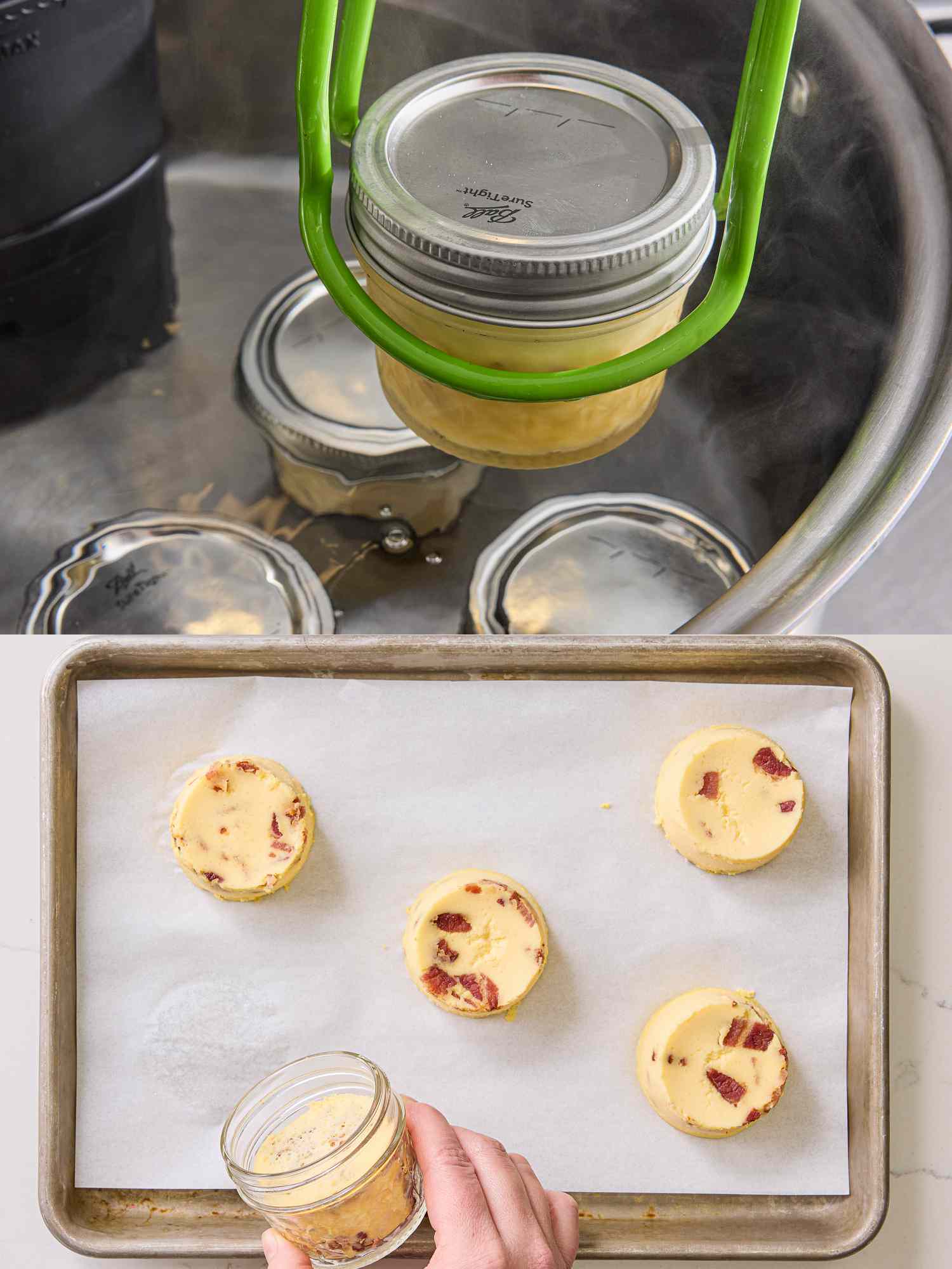 2 image collage. Top: Using tongs to place sealed jars into the sous vide.Bottom: flipping cooked eggs onto sheetpan