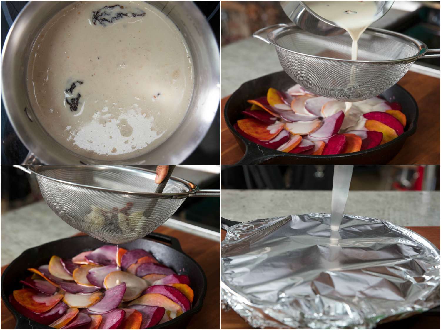 Collage of reheating chile-infused cream, straining it over the skillet full of layered beets, and covering the pan with foil before piercing the foil with the top of a knife. 