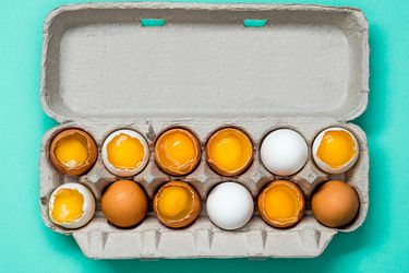 An open carton of a dozen eggs. Some of the eggs are cracked open so the yolks are exposed.