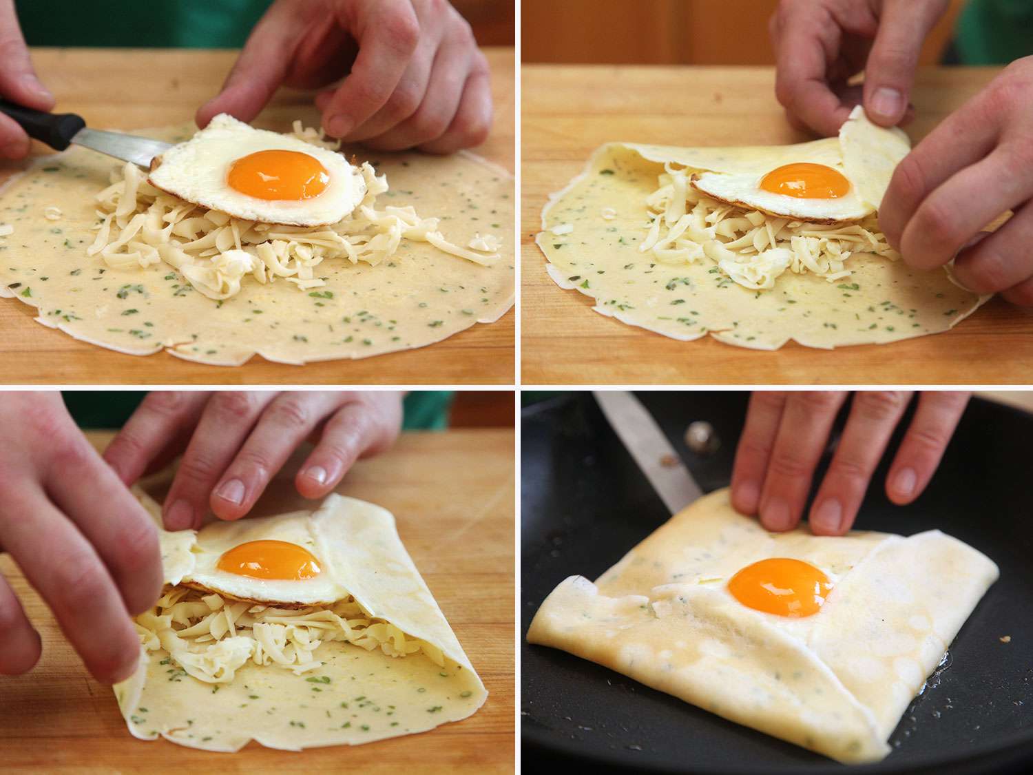 Collage of filling a crepe with a sunny-side up egg: placing egg in center of crepe on a pile of shredded cheese, folding edges in toward center, placing filled crepe in pan