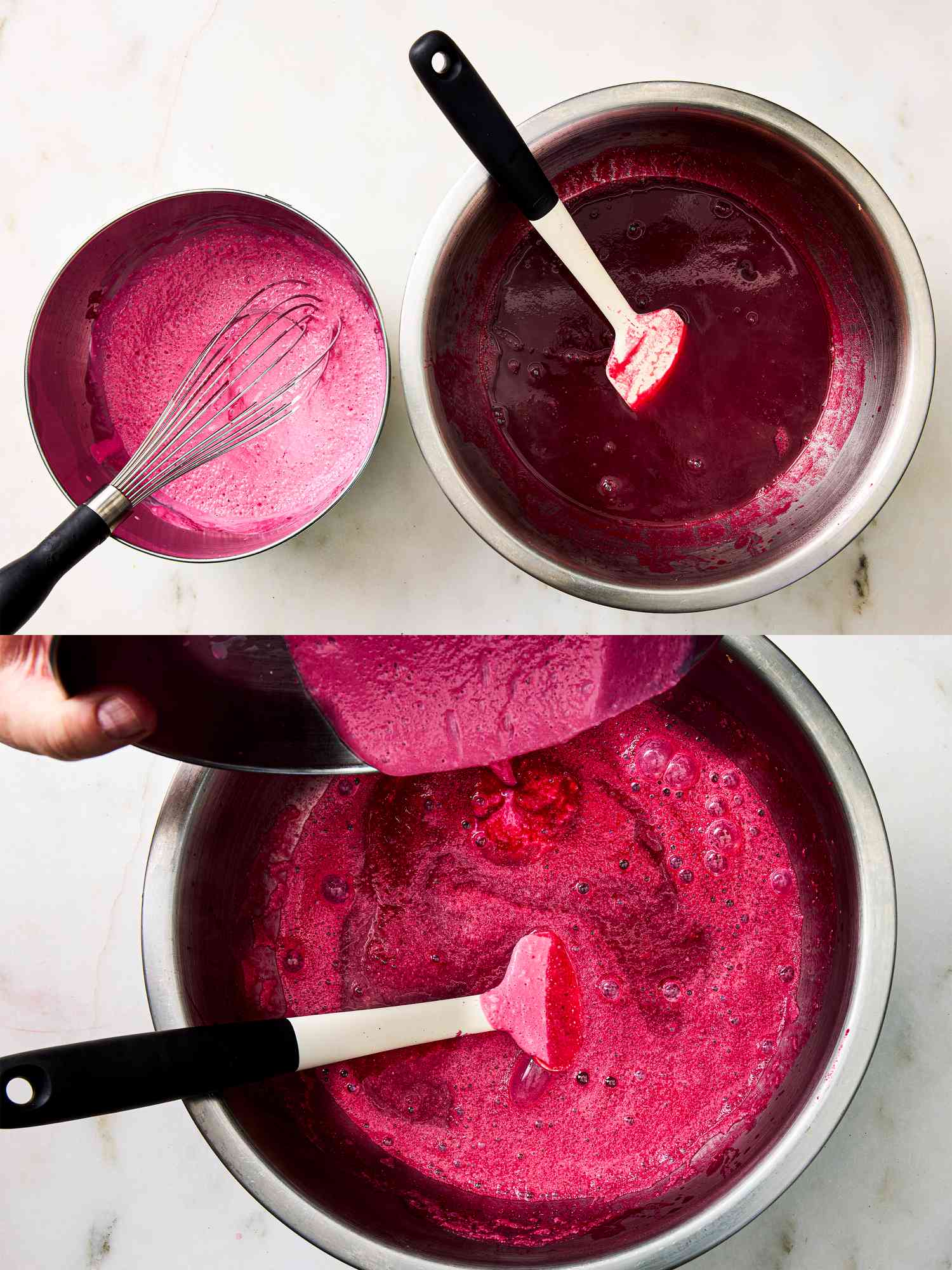 2 images of combining sour cream with cherry and beet soup mixture