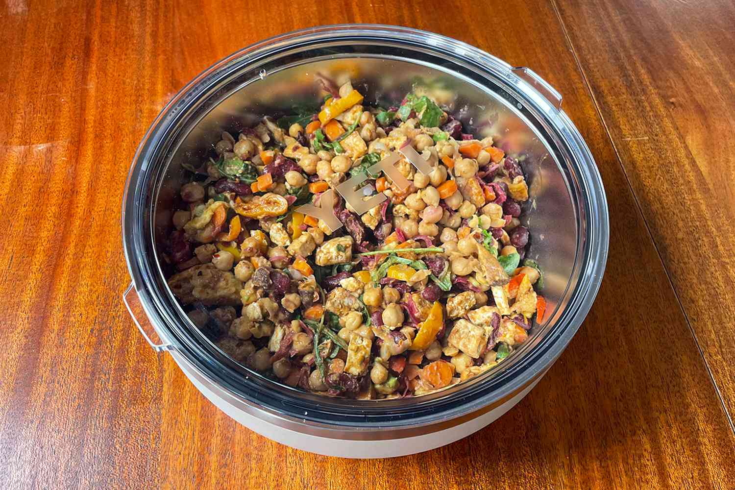 Bowl of mixed vegetables and legumes in a metal container