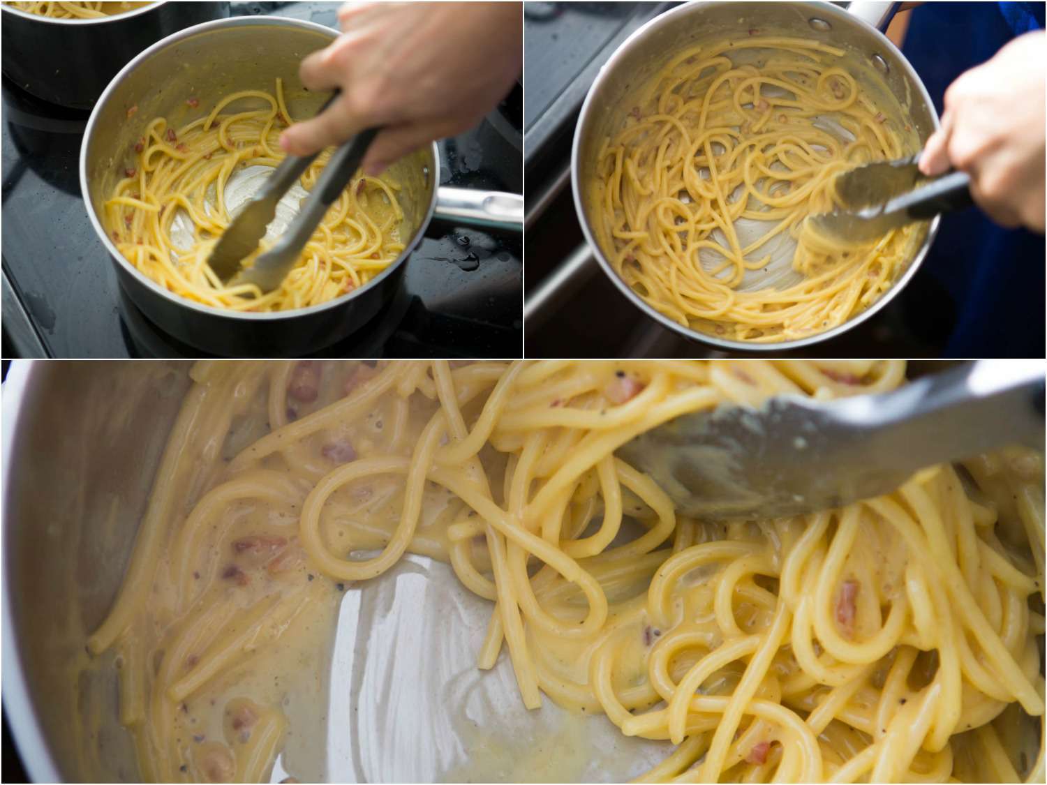 Photo collage showing finishing spaghetti carbonara in a saucepan on the stovetop.