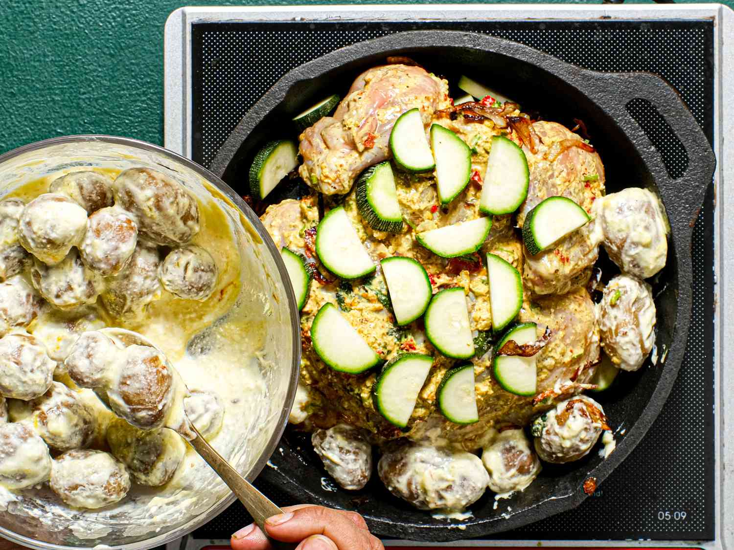 Overhead view of adding veggies