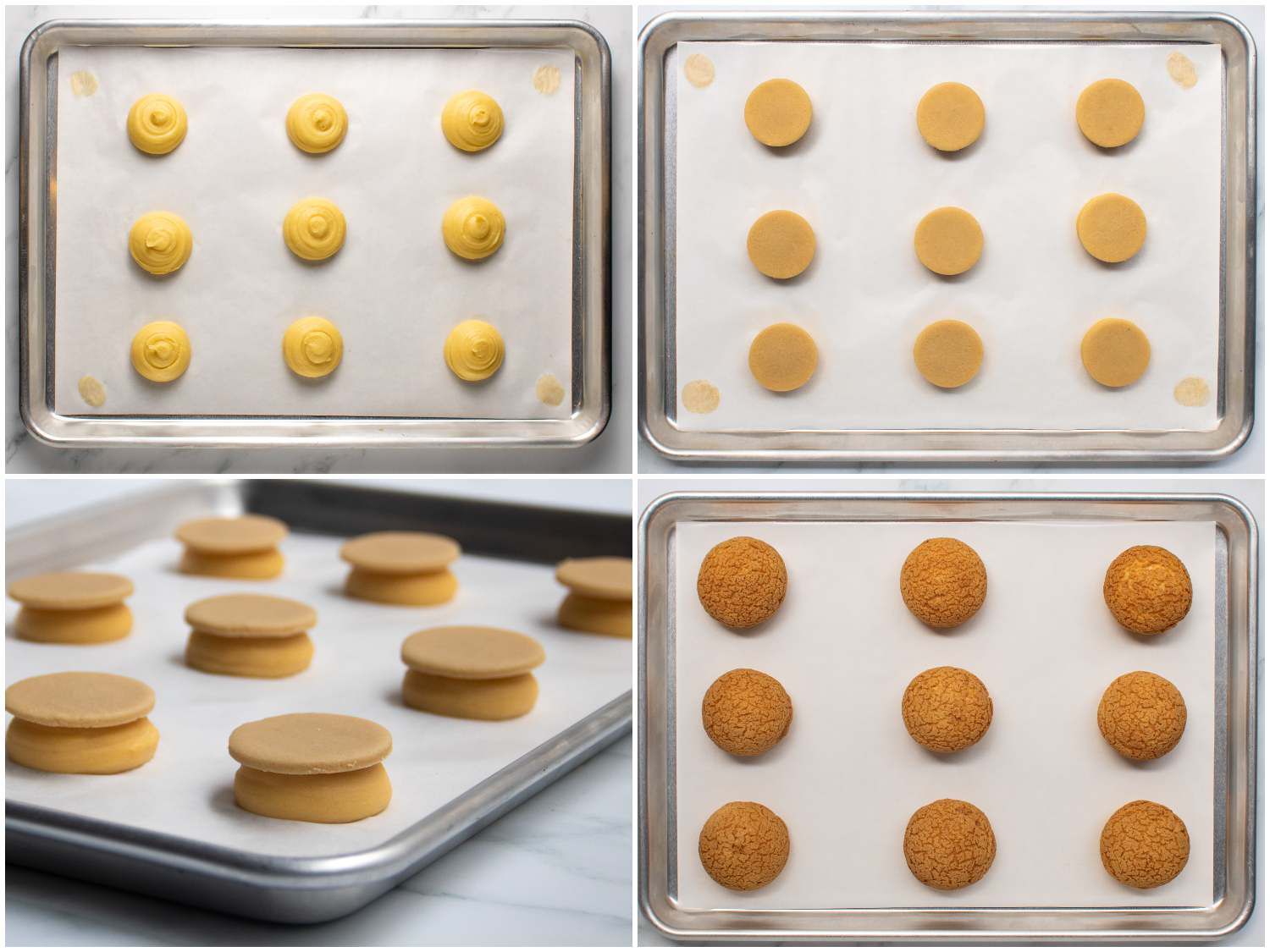 A four-image collage. The top left image shows nine two-inch wide choux piped on to a baking sheet. The top right image shows a craquelin cut-out placed on each of the nine choux. The bottom left image shows a low, side view to see the craquelin on top of the choux. The bottom right image shows a overhead of the baked and puffed choux au craquelin on a baking sheet.
