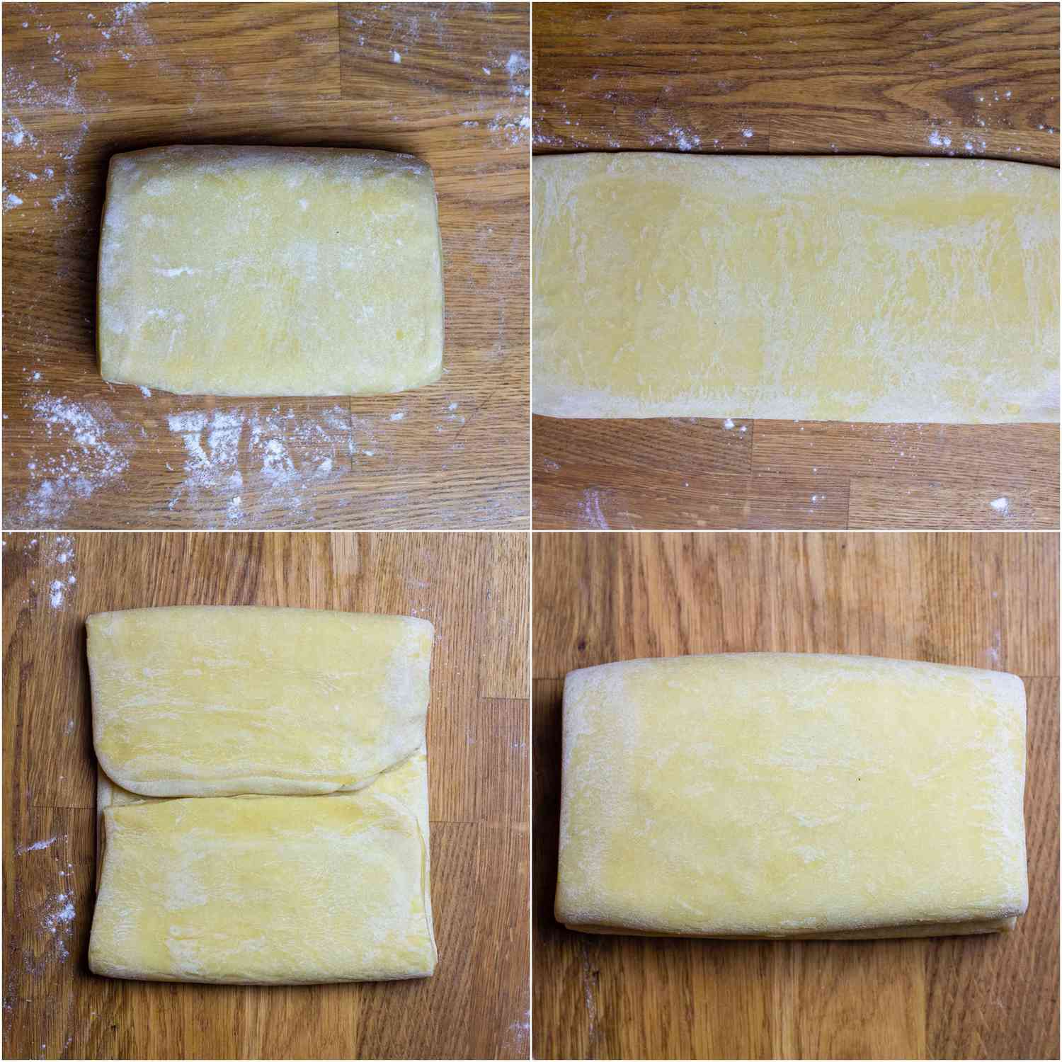 Collage showing rolling out process for rested laminated dough for Hong Kong egg custard tarts