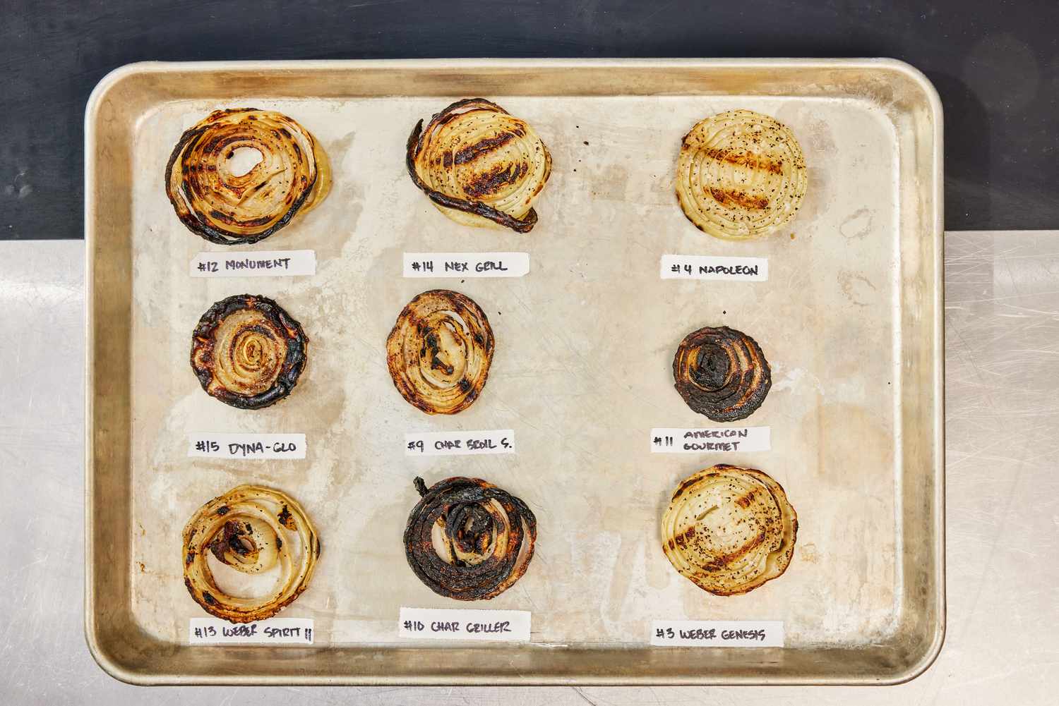 grilled onion slices on a sheet pan