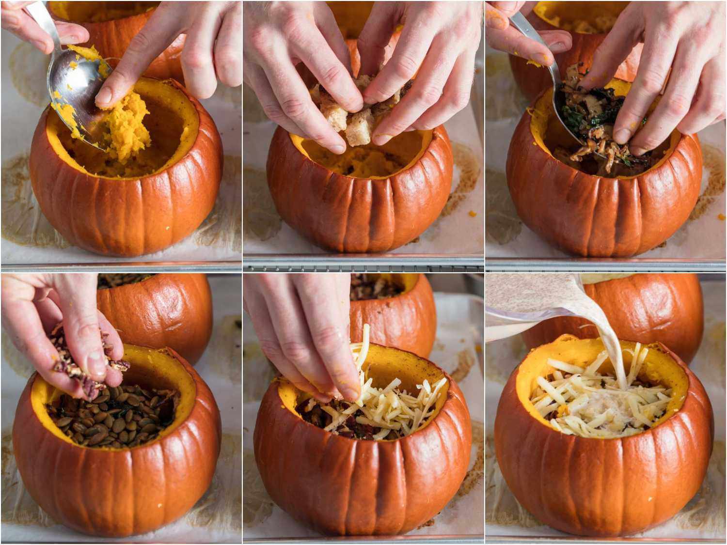 Collage of photos showing the sequence of stuffing pumpkins.