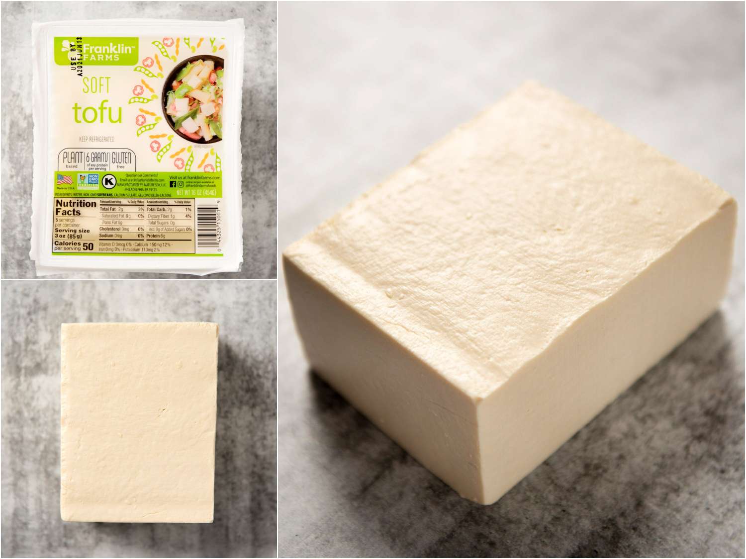 Collage of soft block tofu in packaging; unpackaged; side angle