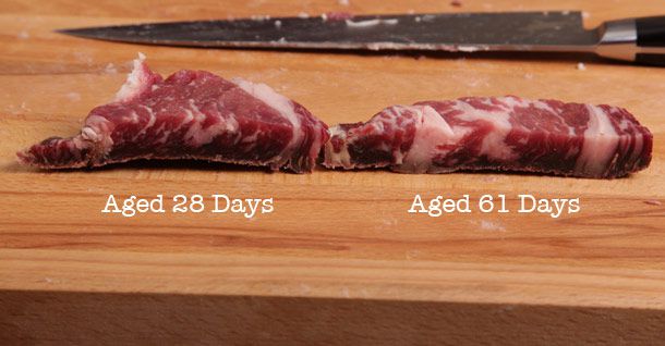 Two pieces of raw beef, the one on the left was dry aged 28 days and the one on the right was aged 61 days.