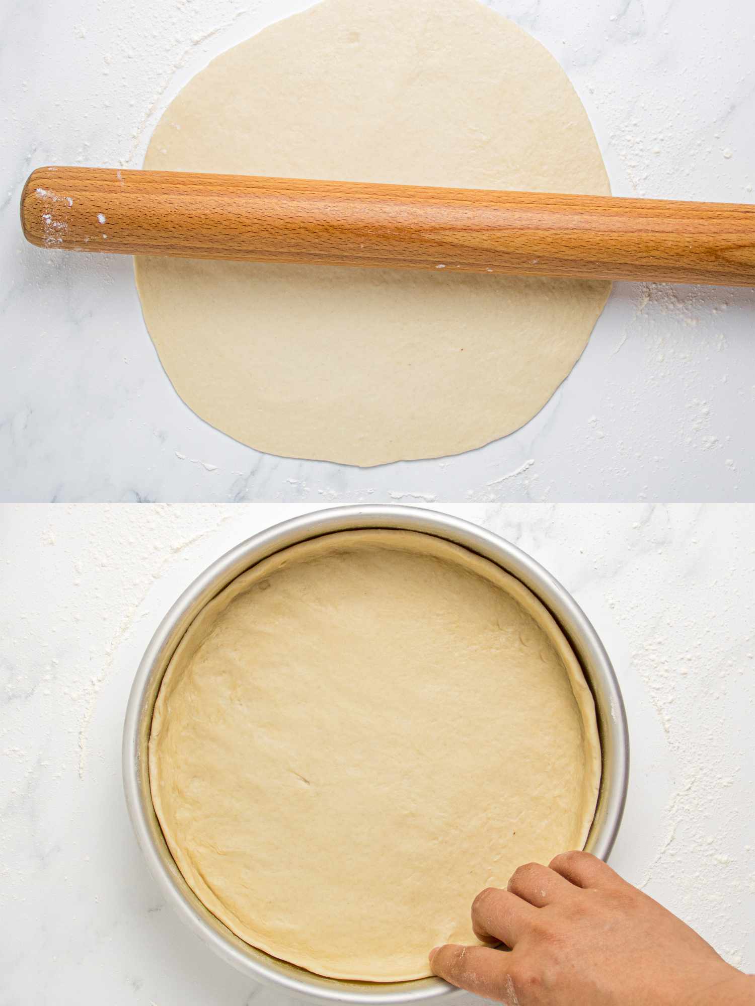 Rolling out dough and placing it in a round baking dish