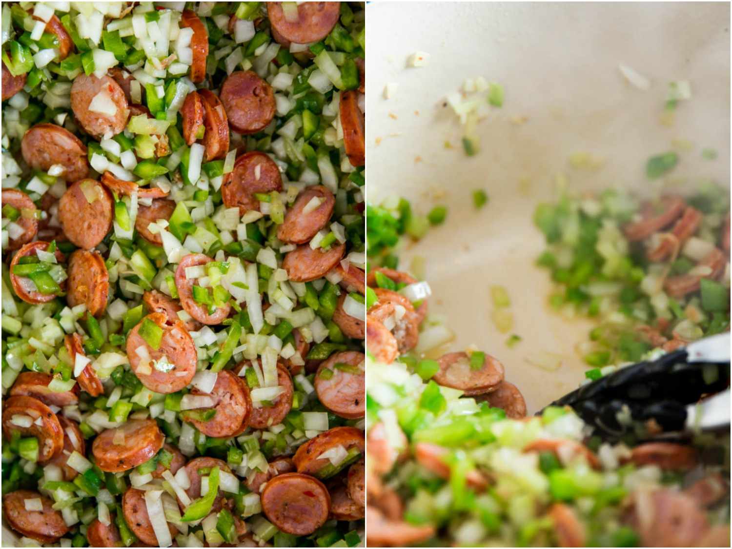 Split image: a close-up of the andouille and diced vegetables mixed together; a shot of a pair of tongs pushing the mixture to one side of the pot to reveal a "clean" bottom, free of fond.
