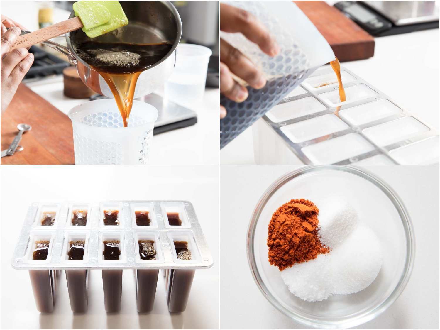 adding ice to popsicle base and filling molds