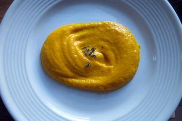 A dollop of butternut squash puree on a plate. 