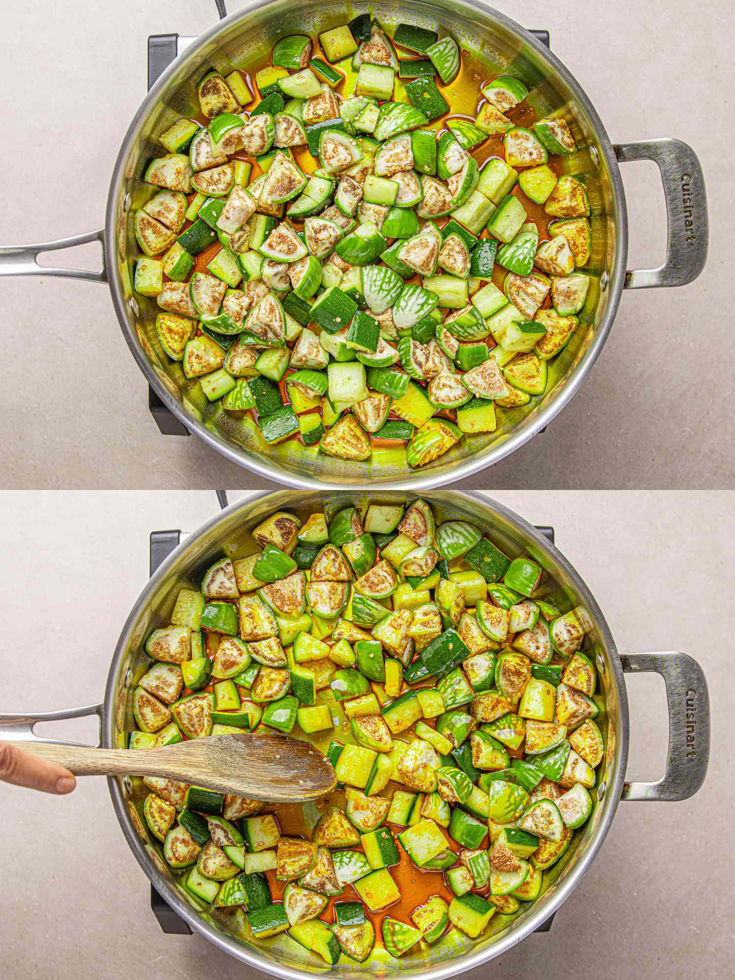 Cooking steps for Nigerian egg sauce with chopped green vegetables in a pot stirrer visible in the bottom image