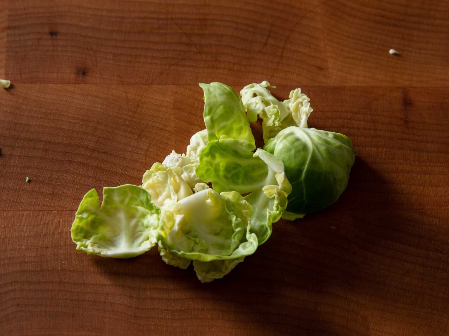 A pile of Brussels sprout leaves, each picked and separated from the small sprout.