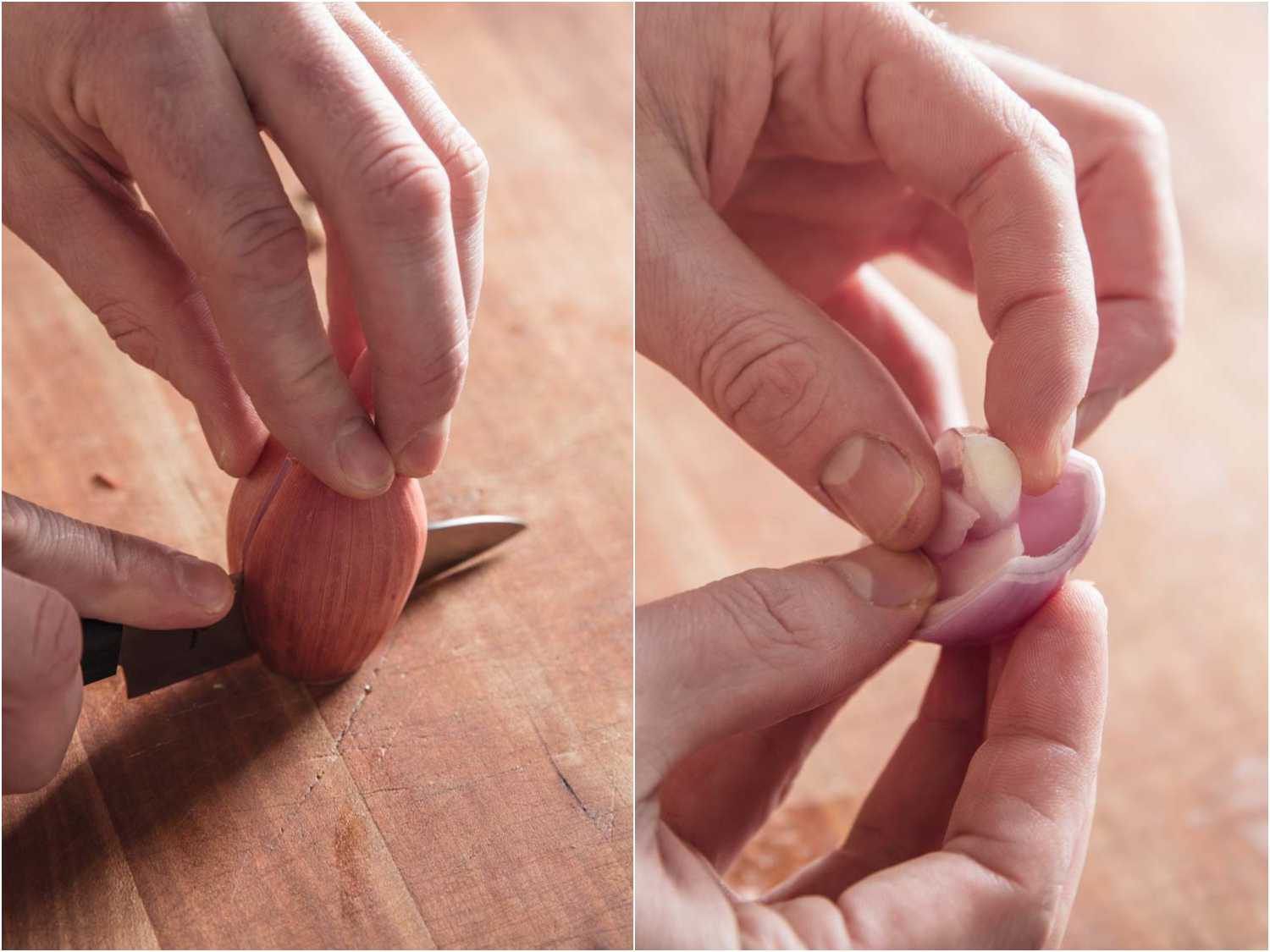 Peeling shallots for mignonette