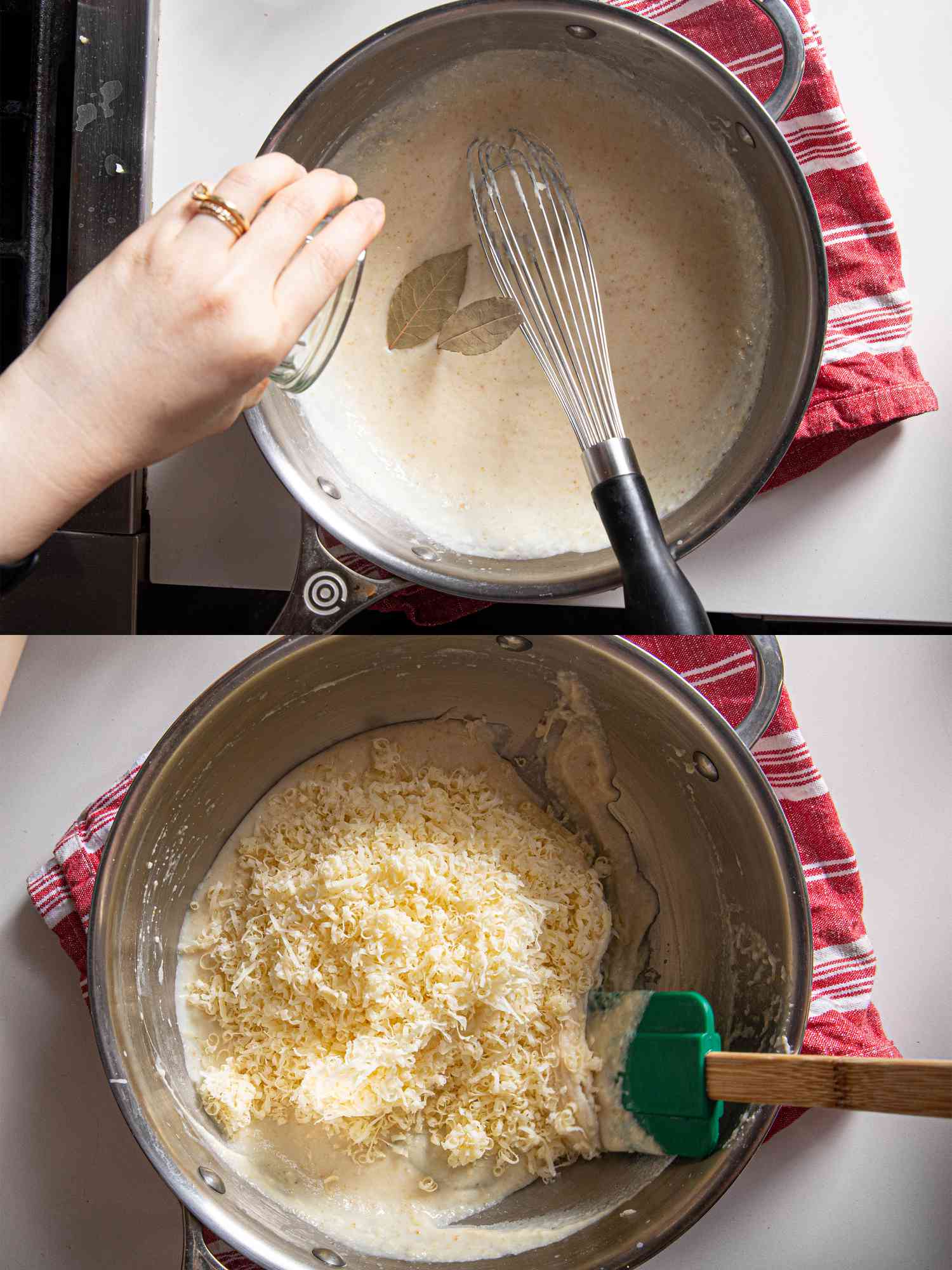 Two image collage of adding spices and cheese to sauce