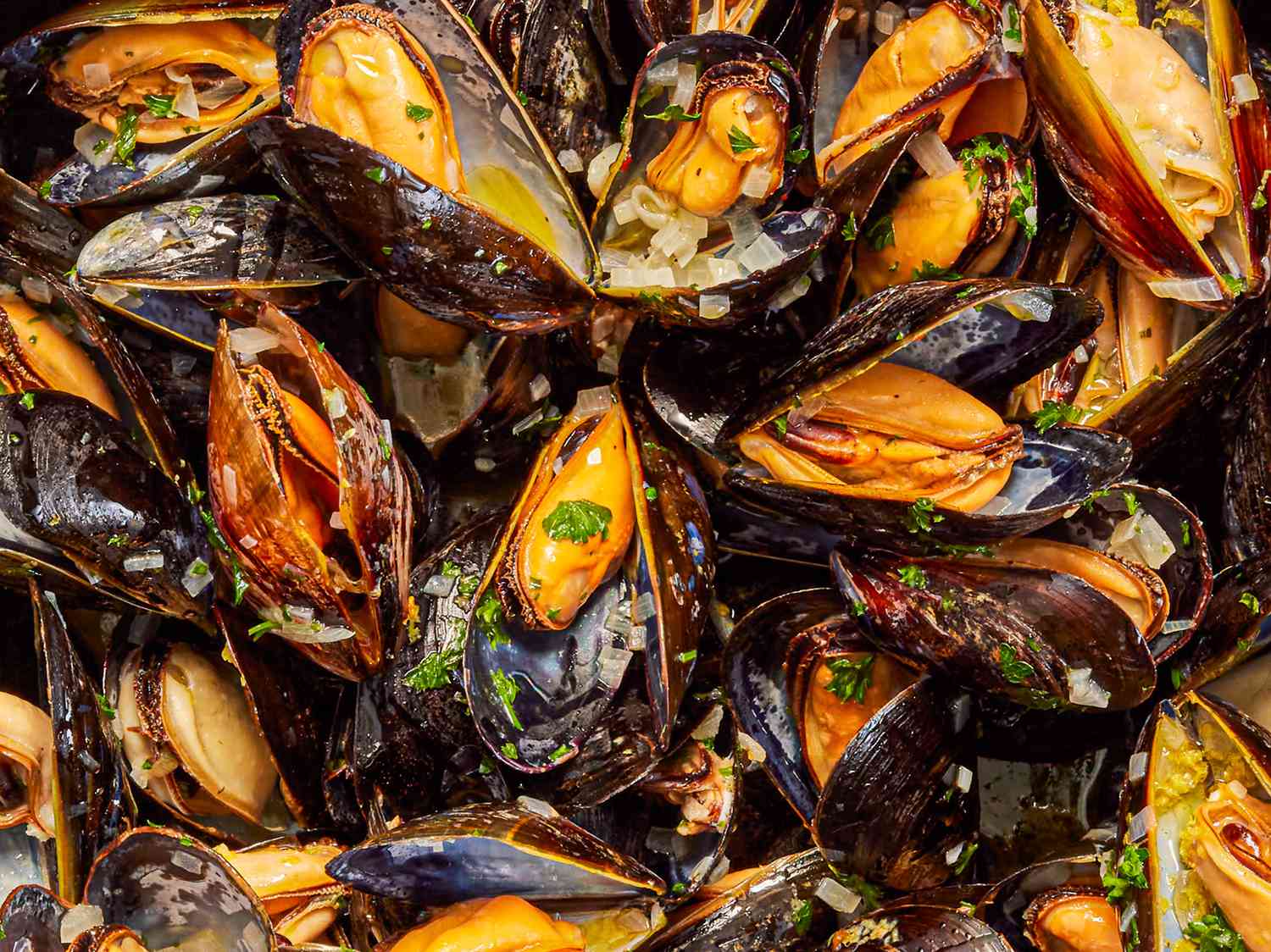 A close-up of mussels.