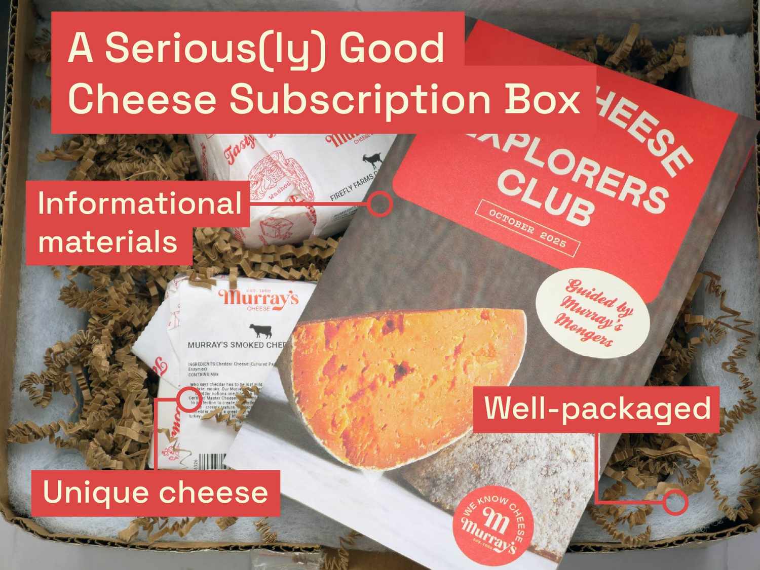 Contents of a cheese subscription box including cheese samples informational materials and packaging