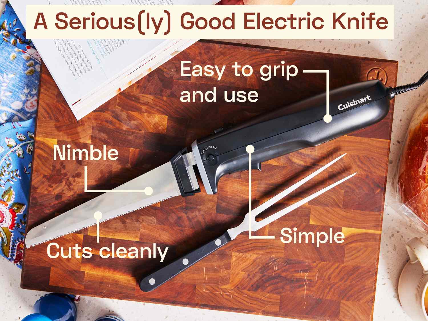 Cuisinart electric knife on a wooden cutting board