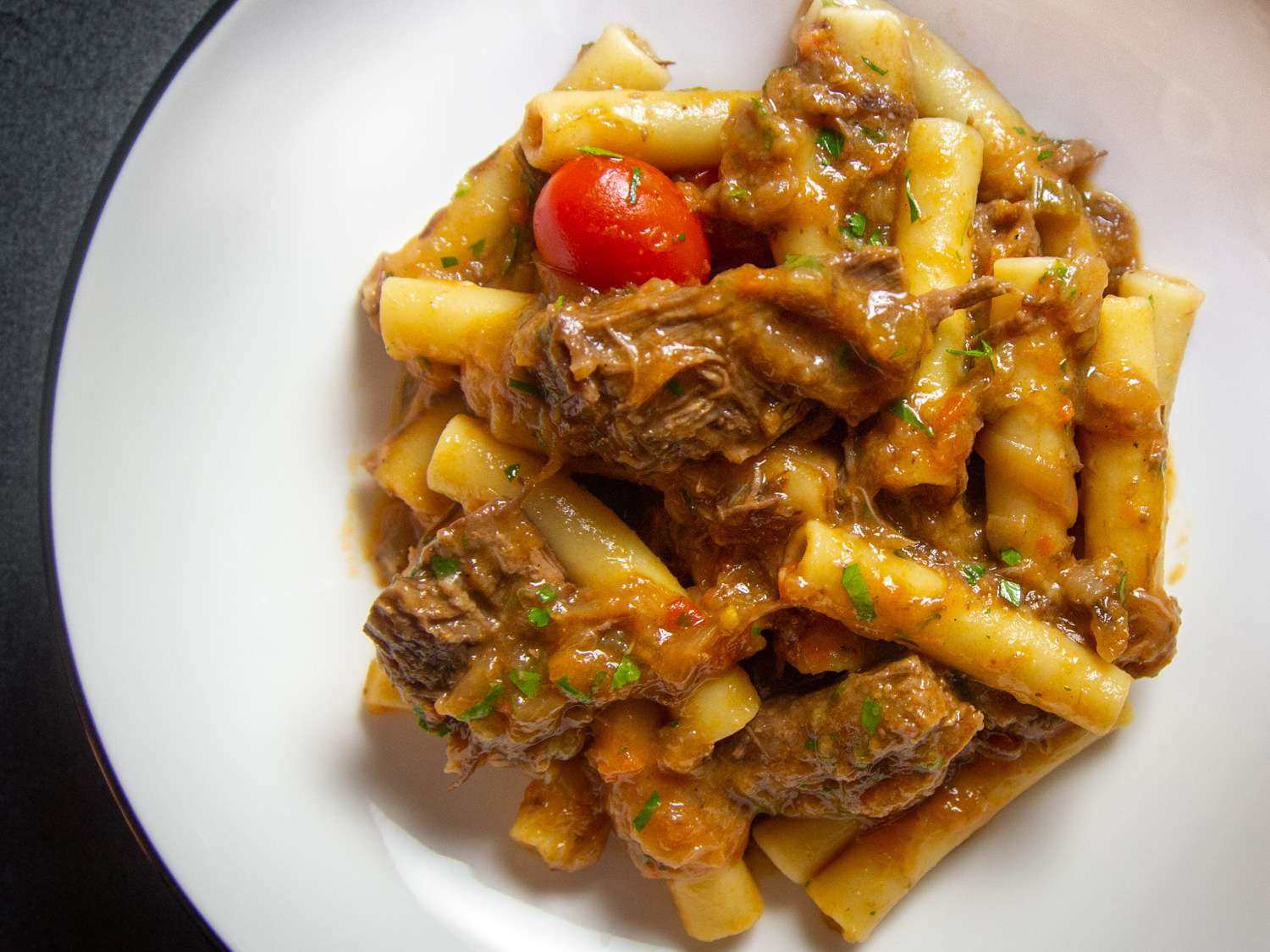 A plate of pasta Genovese. 