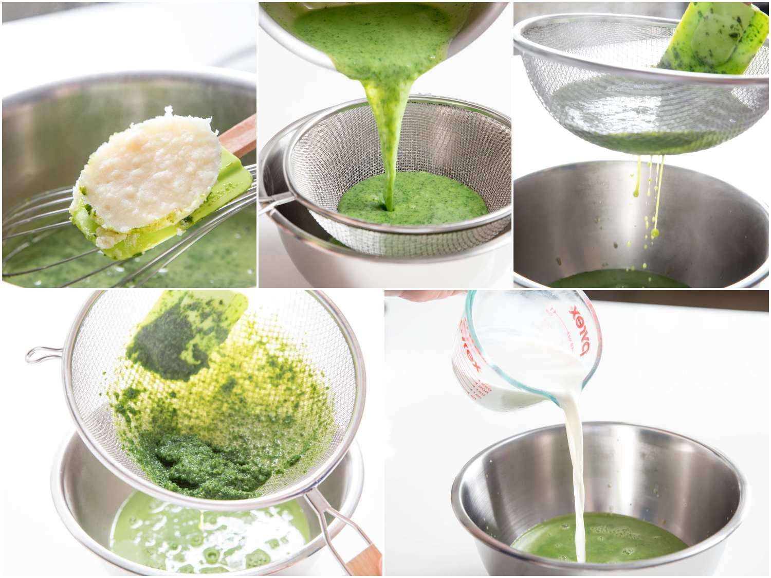 Collage of whisking bloomed gelatin into the mousse base, followed by straining through a fine mesh sieve, and milk being poured into the strained mixture. 