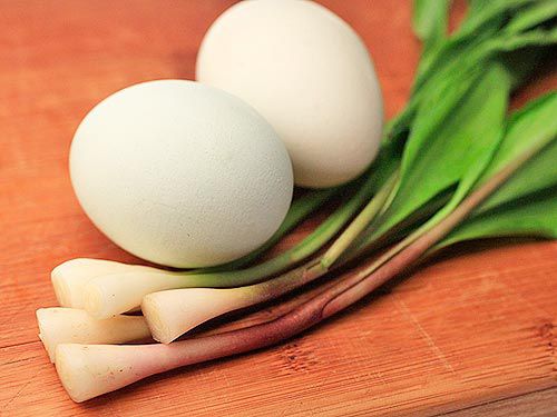 Two uncooked eggs sitting next to some uncooked, trimmed ramps.
