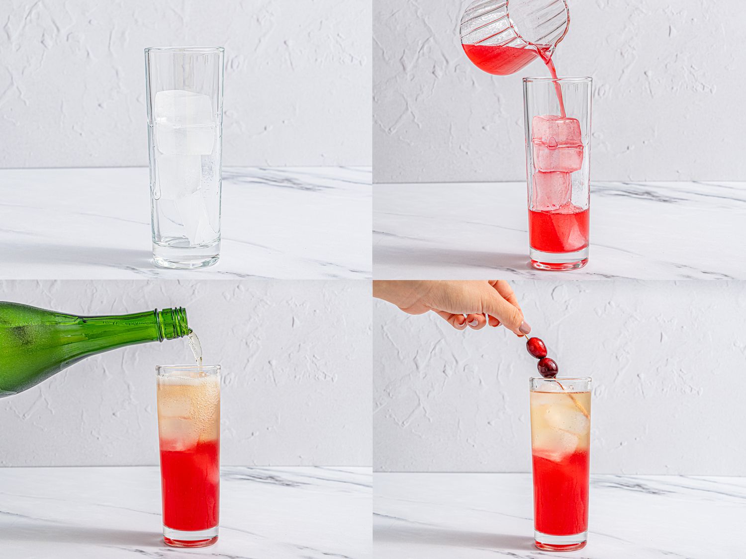 Four image collage of assembling Minnesota Goodbye in a collins glass