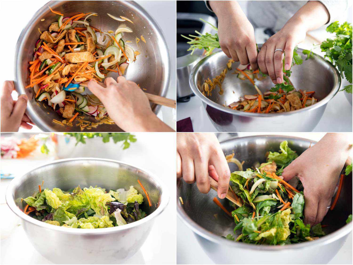 Collage of 4 images showing the aburaage strips being tossed with dressing, prepared vegetables and lettuce greens in a large mixing bowl.