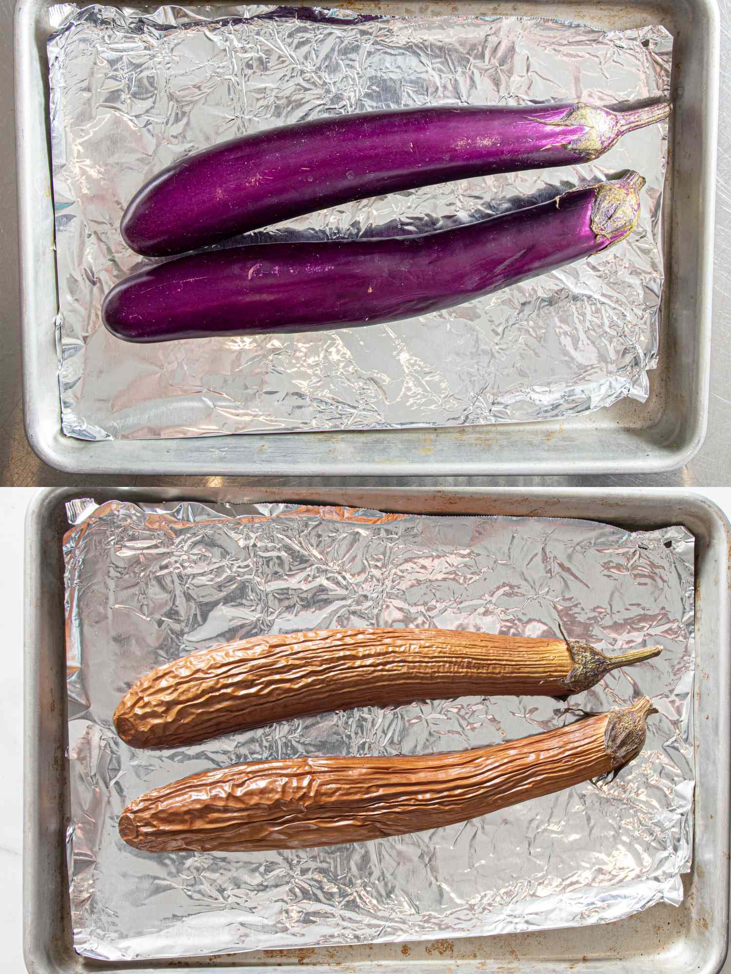 Two stages of eggplant before and after roasting preparation displayed on baking sheets lined with foil