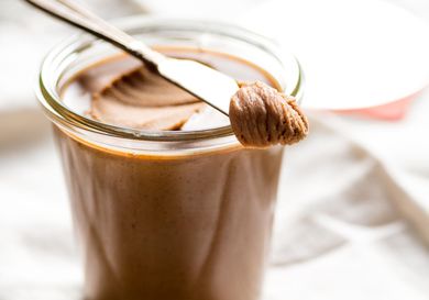 A jar of homemade Biscoff or speculoos cookie butter. 