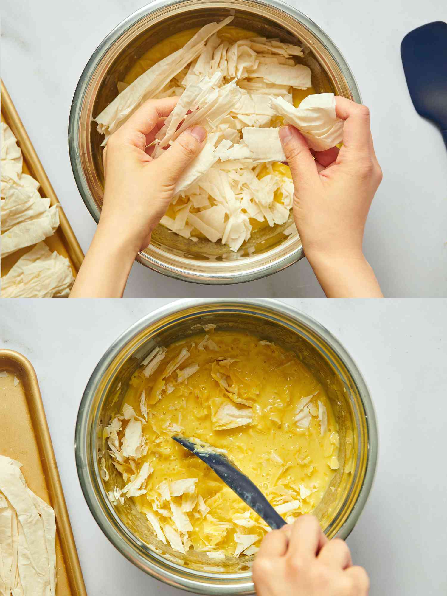 2 image collage. Top: crunching filodough into mixture in pot. Bottom: mixing filodough thoroughly into pot 