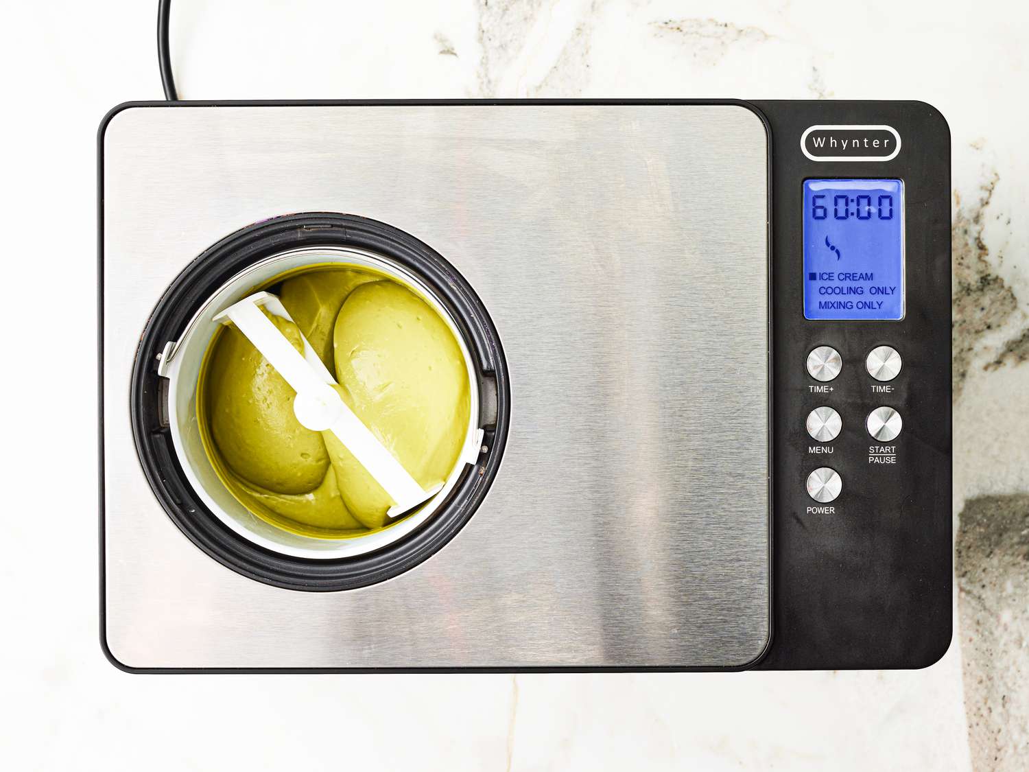 Avocado mixture in an ice cream machine