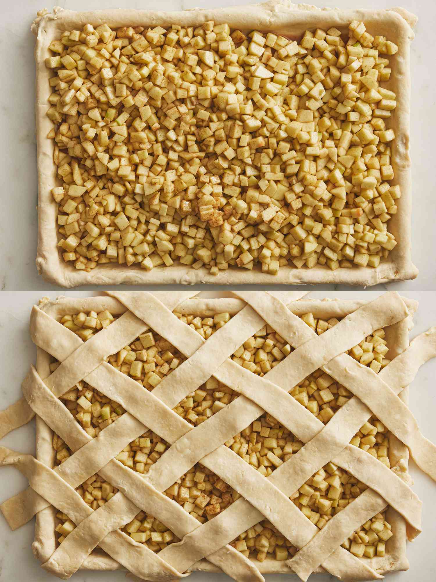 2 image collage. Top: Pie dough with apple filling into the shell on a sheet pan. Bottom: Slices of dough strips on top of apple pie on a sheet pan