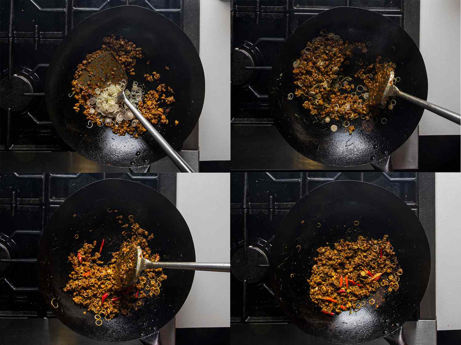 4 image collage of chicken, curry, lemongrass, and peppers being cooked in a wok with a metal spatula