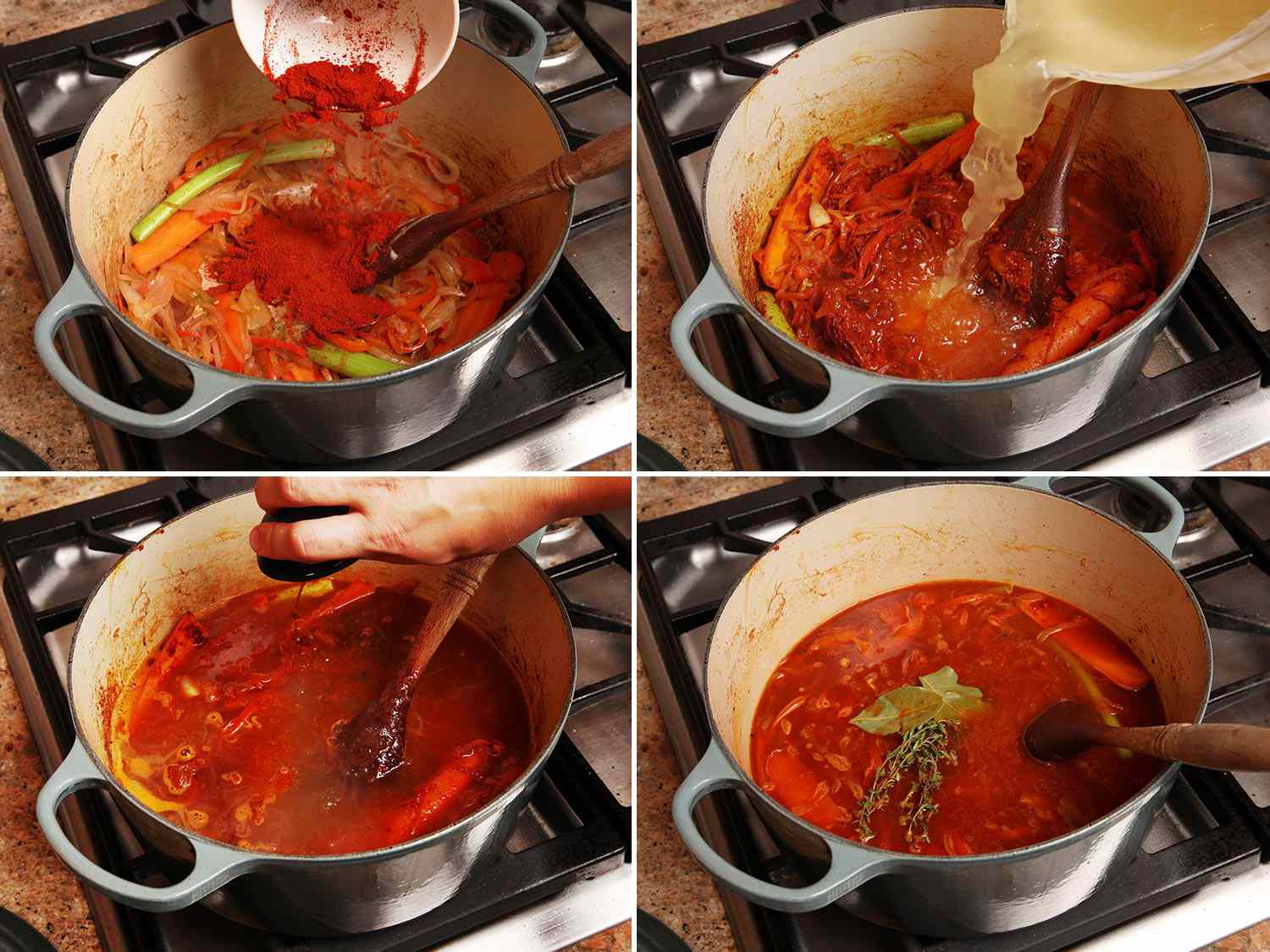 A collage: adding paprika in a Dutch oven, followed by chicken stock, soy sauce, and bay leaves. 