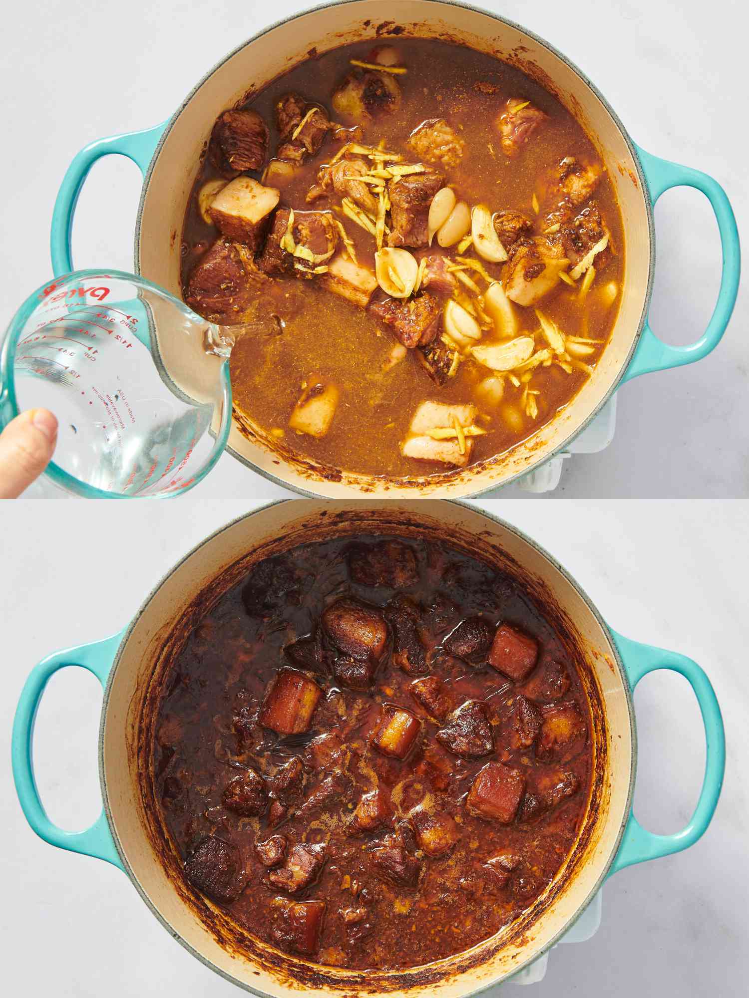 2 image collage. Top: Adding water to stew in dutch oven. Bottom: Stew after simmering for 4 hours 