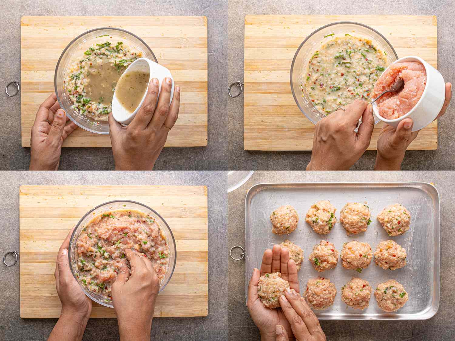 A fourstep process of preparing chicken meatballs including mixing ingredients and forming them into balls on a baking tray