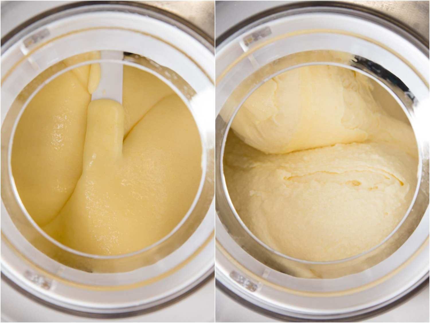 Side by side images showing before and after churning pineapple ice cream