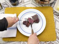 a person using the victorinox modern knives to slice steak 