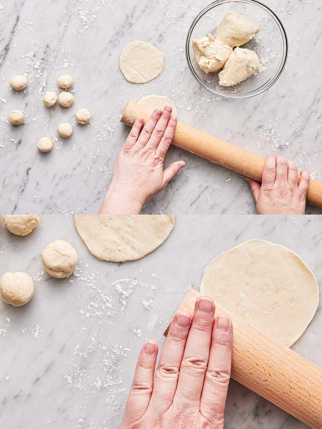Two image collage of overhead view of rolling dough into circles and then rolling just the edges thinner to prepare for folding