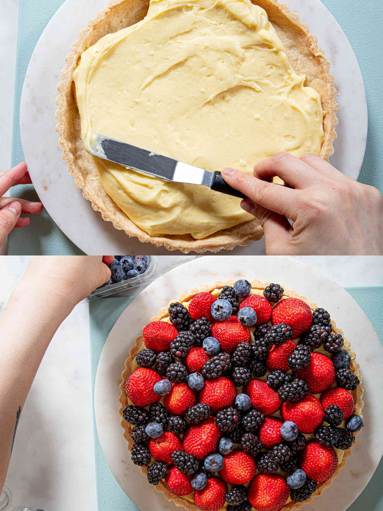 Two image collage of filling tart and topping with fruit