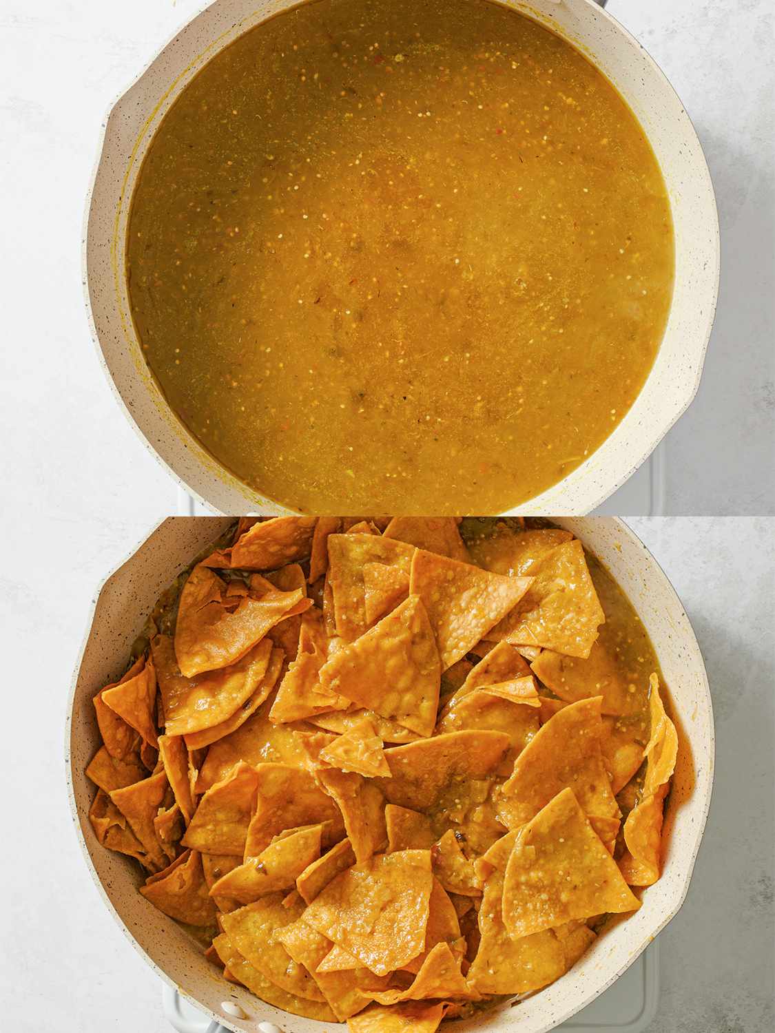 A two-image collage. The top image shows salsa verde being heated in a pan. The bottom image shows the fried tortilla chips mixed with the salsa verde.