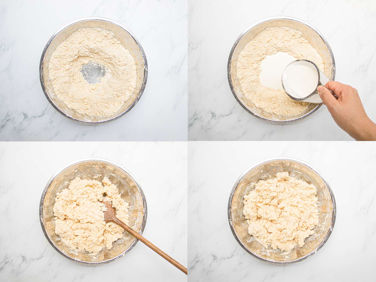 Four image collage of adding cream to flour