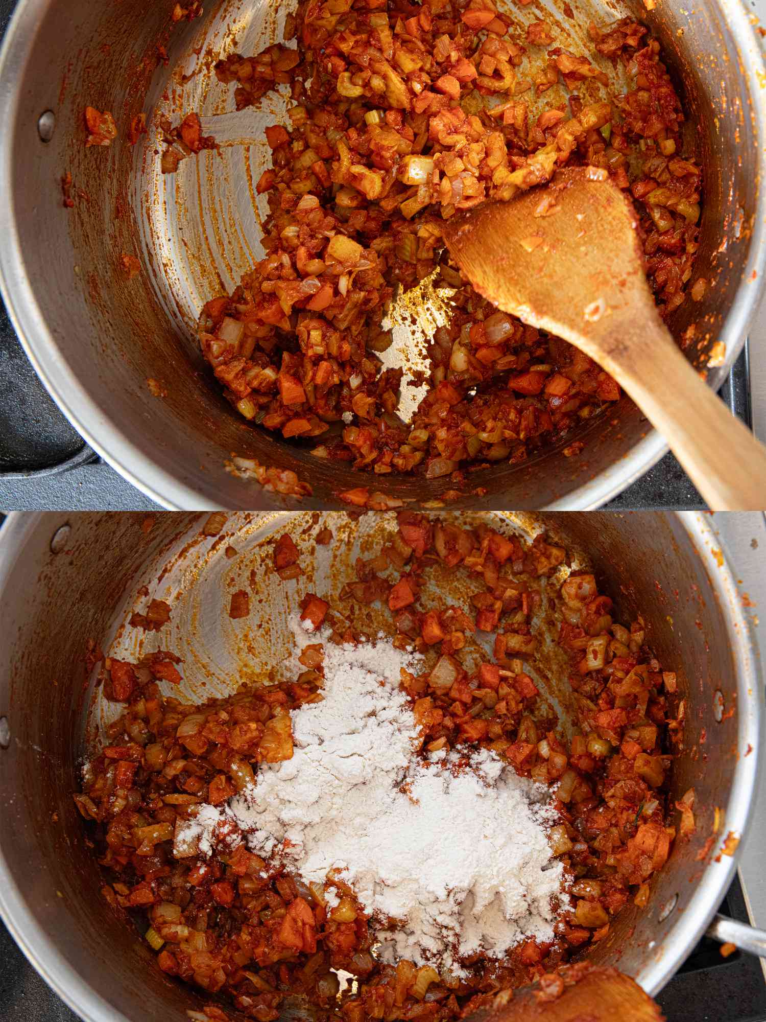 Two image collage of adding tomato paste and flour