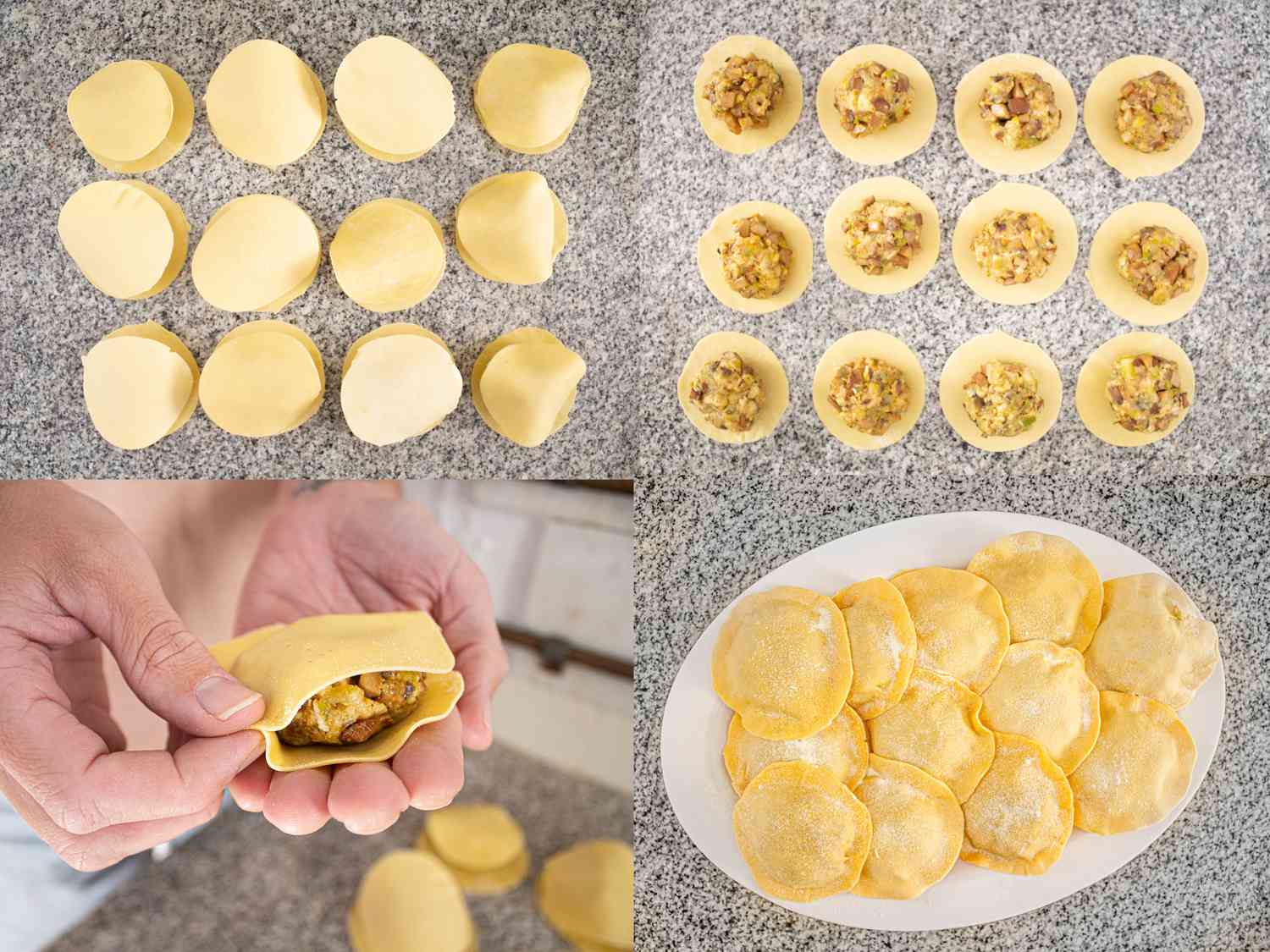 Four image collage of folding sorrentinos