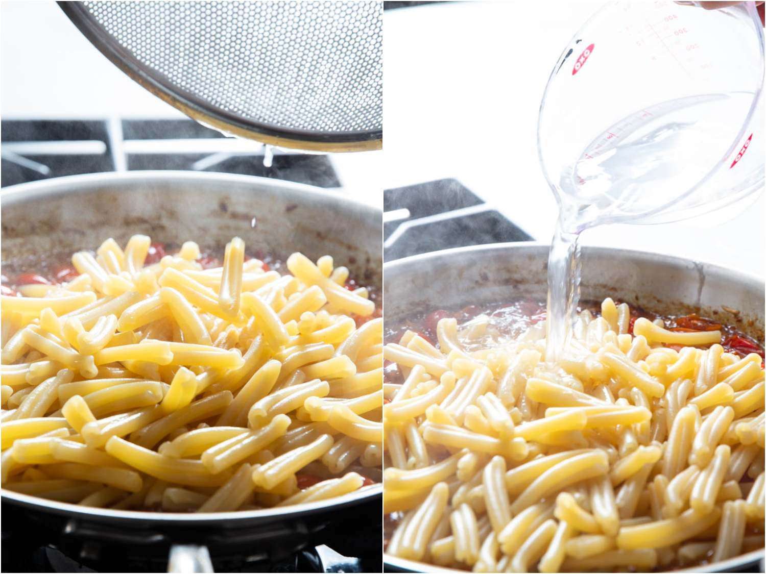 Adding pasta and pouring pasta water into the skillet.