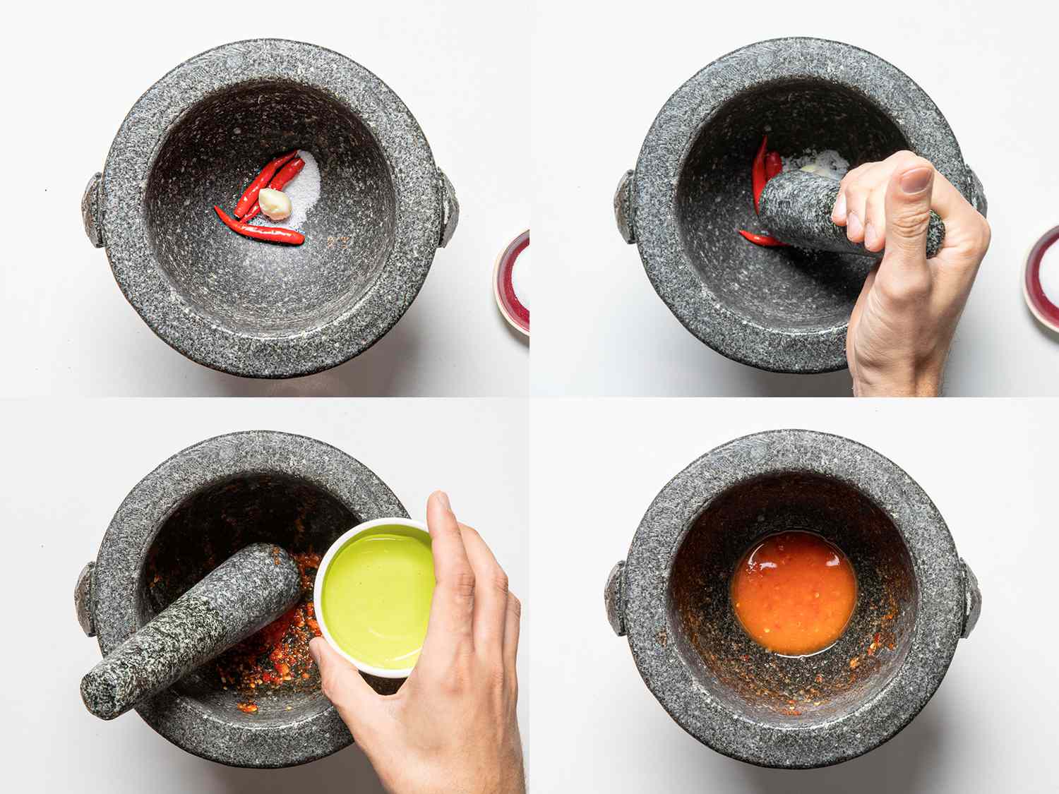 Four image collage of a ingredients being ground with a mortar and pestle, lime juice being added and finished sauce.